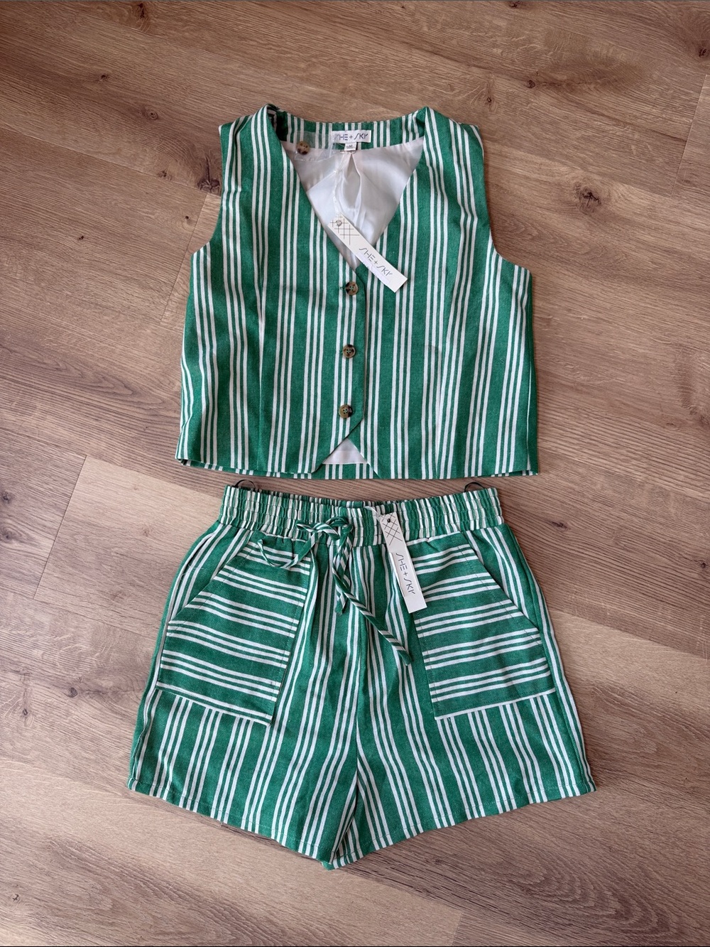 She + Sky Green and White Striped Two-Piece Set